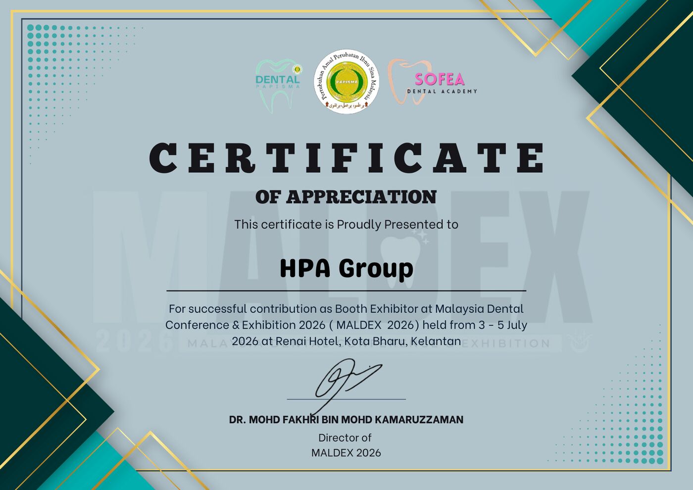 MALDEX 2026 Certificate of Appreciation presented to HPA Group