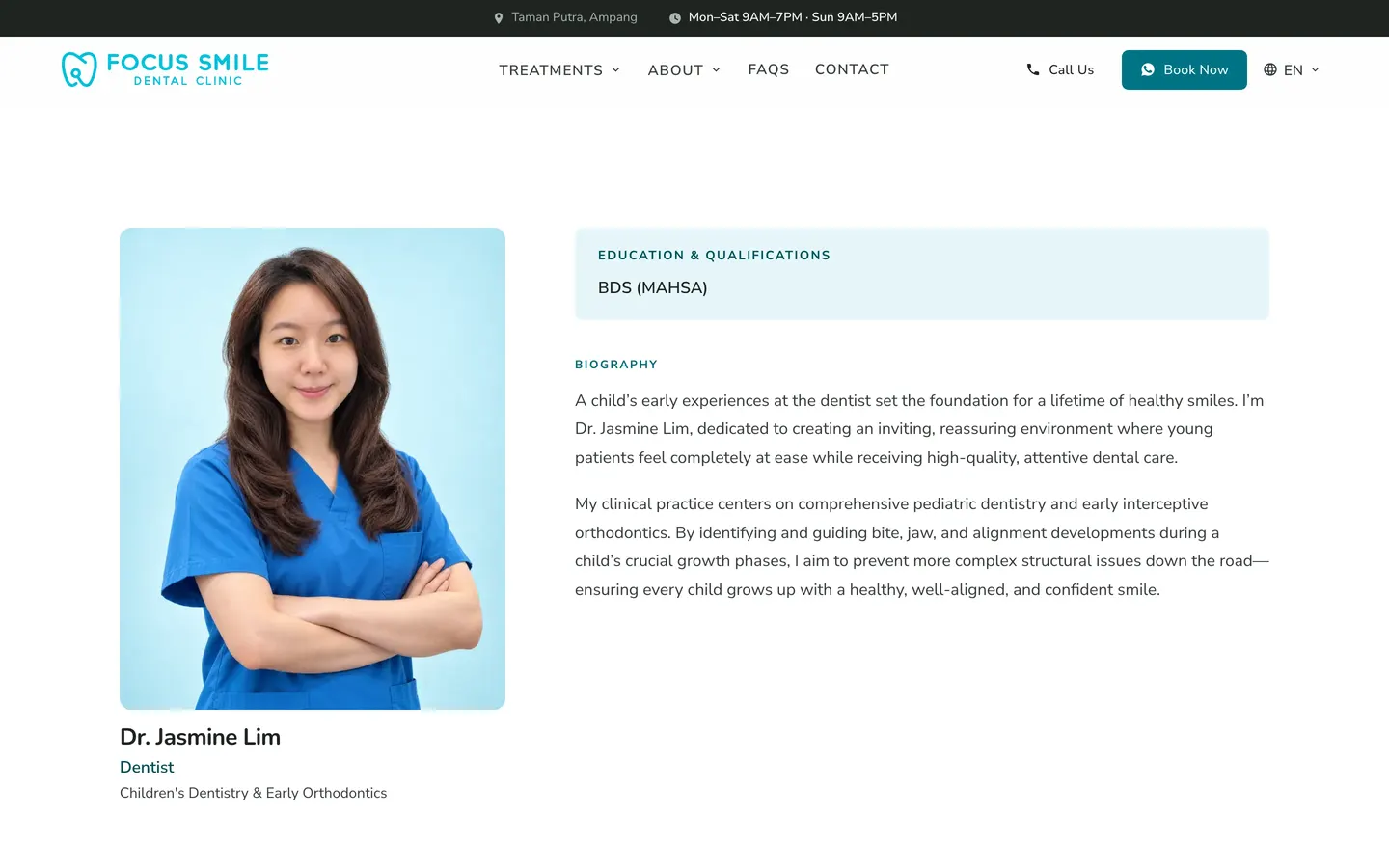 Doctor profile on the Focus Smile website, built by HPA