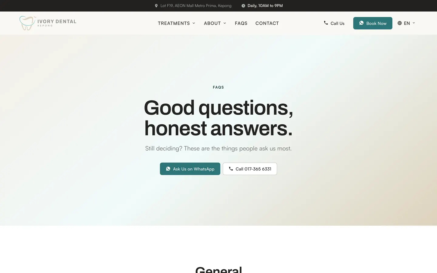 Patient FAQ on the Ivory Dental website, built by HPA