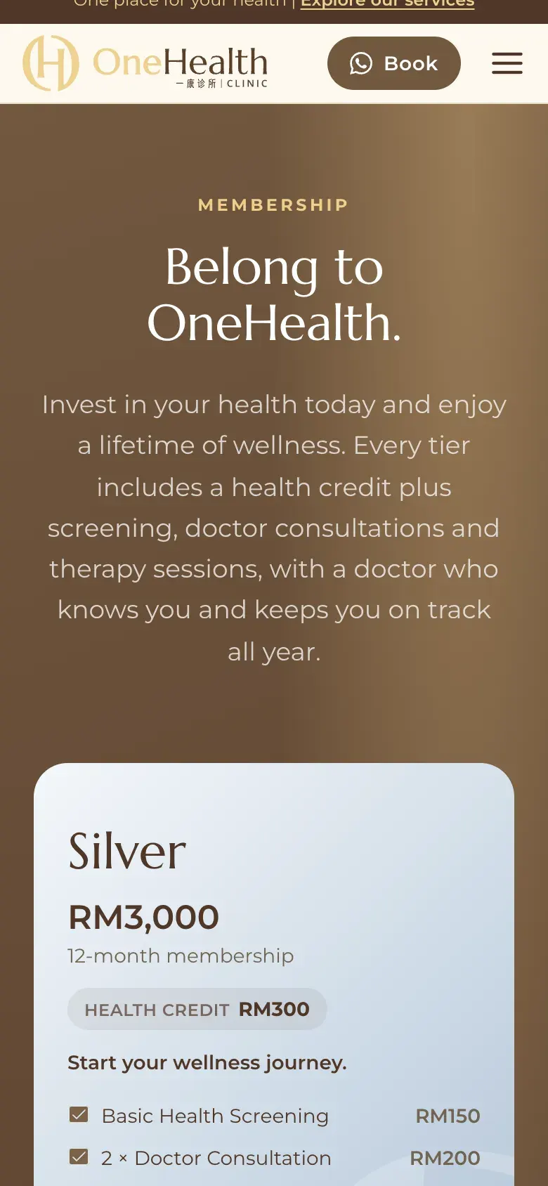 Membership pricing on the OneHealth Clinic website, phone view